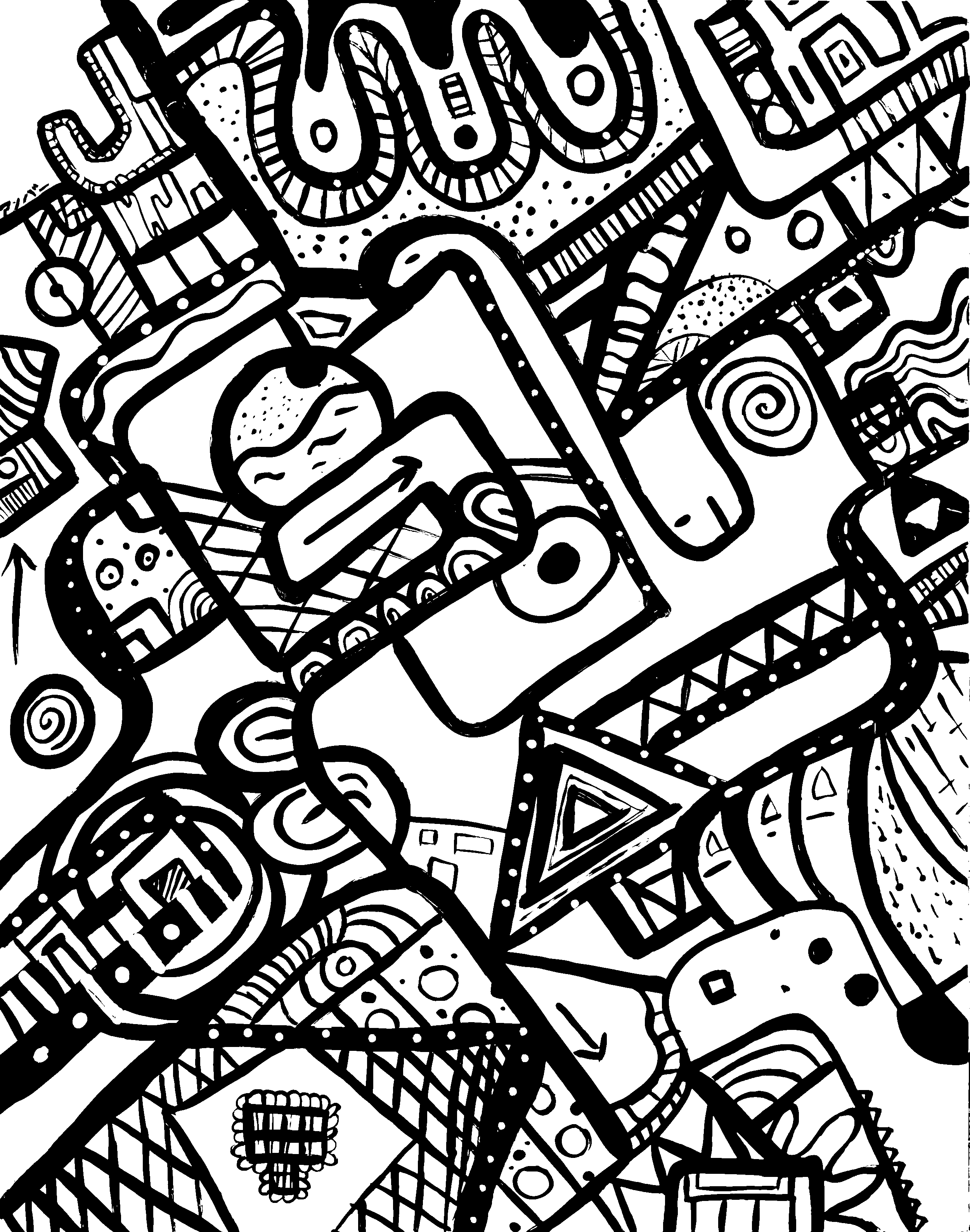 A black and white abstract doodle with various geometric shapes, lines, and patterns.