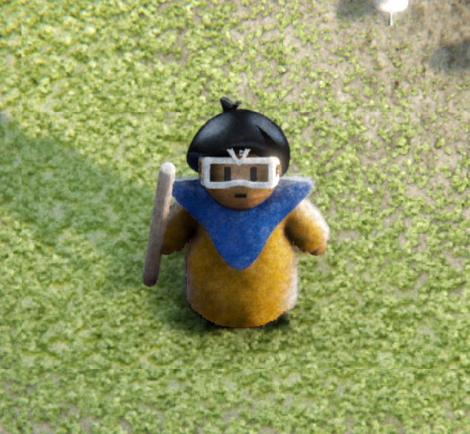 Our player character, Ou, wearing their S👁️T Goggles. With the help of the goggles, the player can use swarms of nanites to manipulate and interact with the game world.