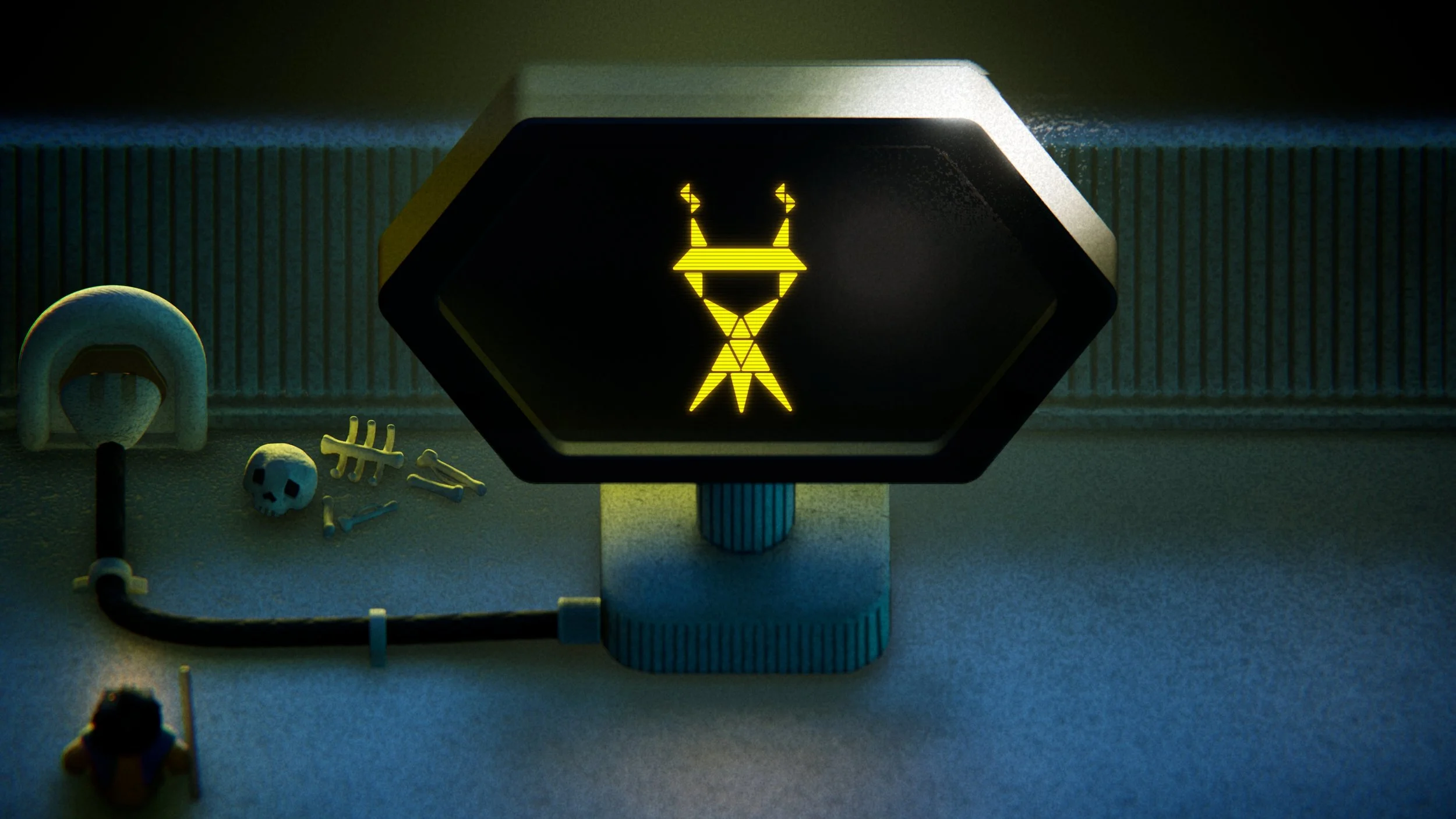  An in-game monitor found soon after the game begins. Both the in-game technology and the game UI make use of tangrams. 