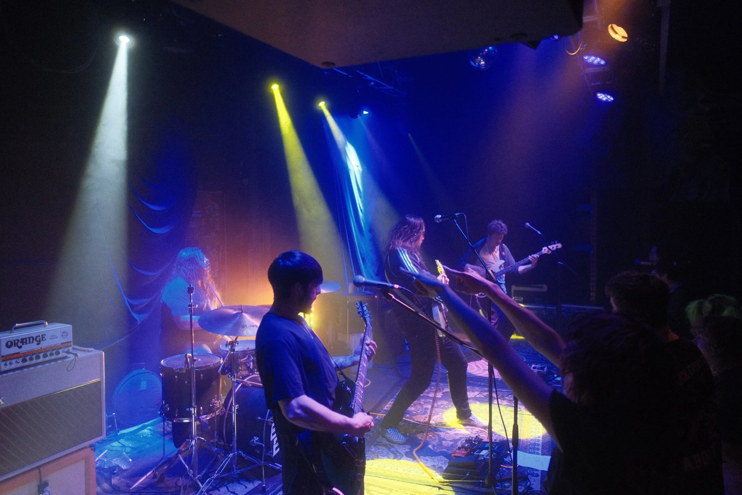 A live music performance on stage with band members playing instruments under blue, yellow, and purple stage lights, audience reaching out towards the performers.