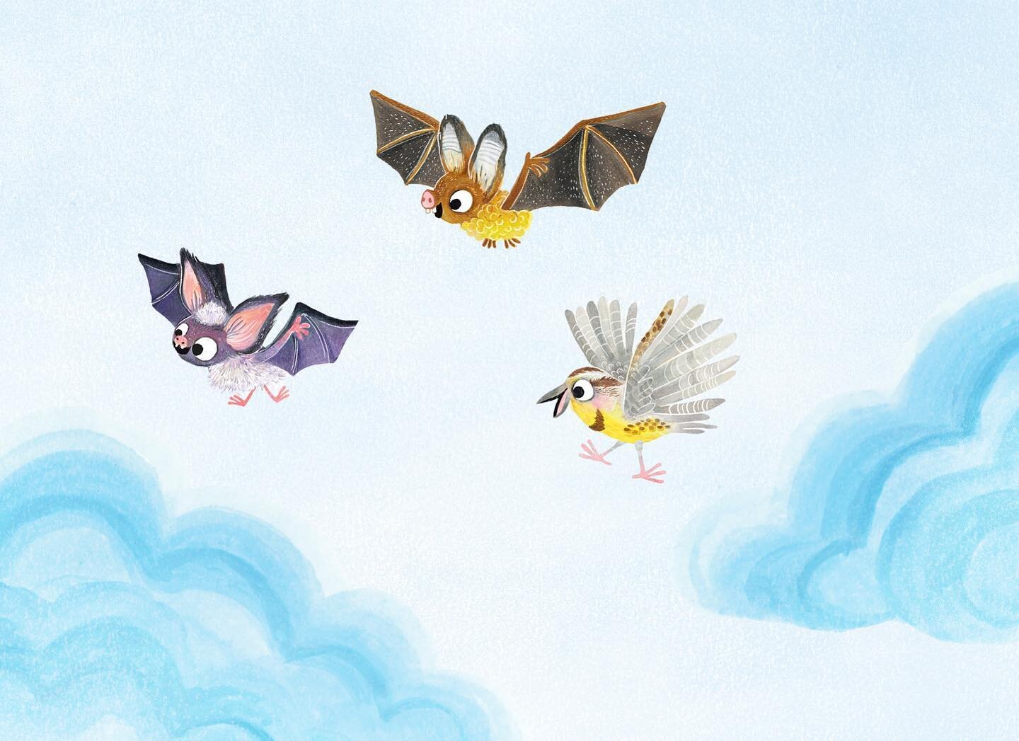 Two bats and a meadowlark from the art of BUFFALO FLUFFALO written by @bessbellkalb published by @randomhousestudio