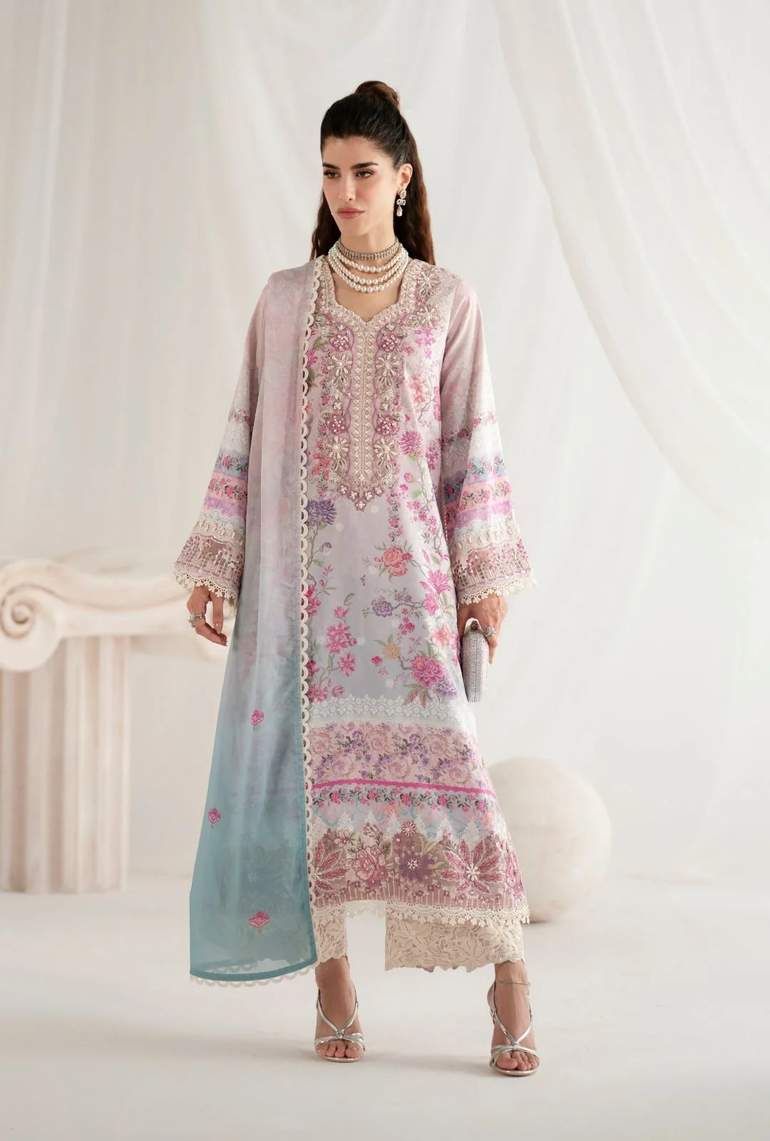 Pakistani Embroidered Unstitched 3-piece silk Suit FLORIS_AJR-49 | Latest Pakistani Punjabi Suits Salwar Kameez Designer Wear.