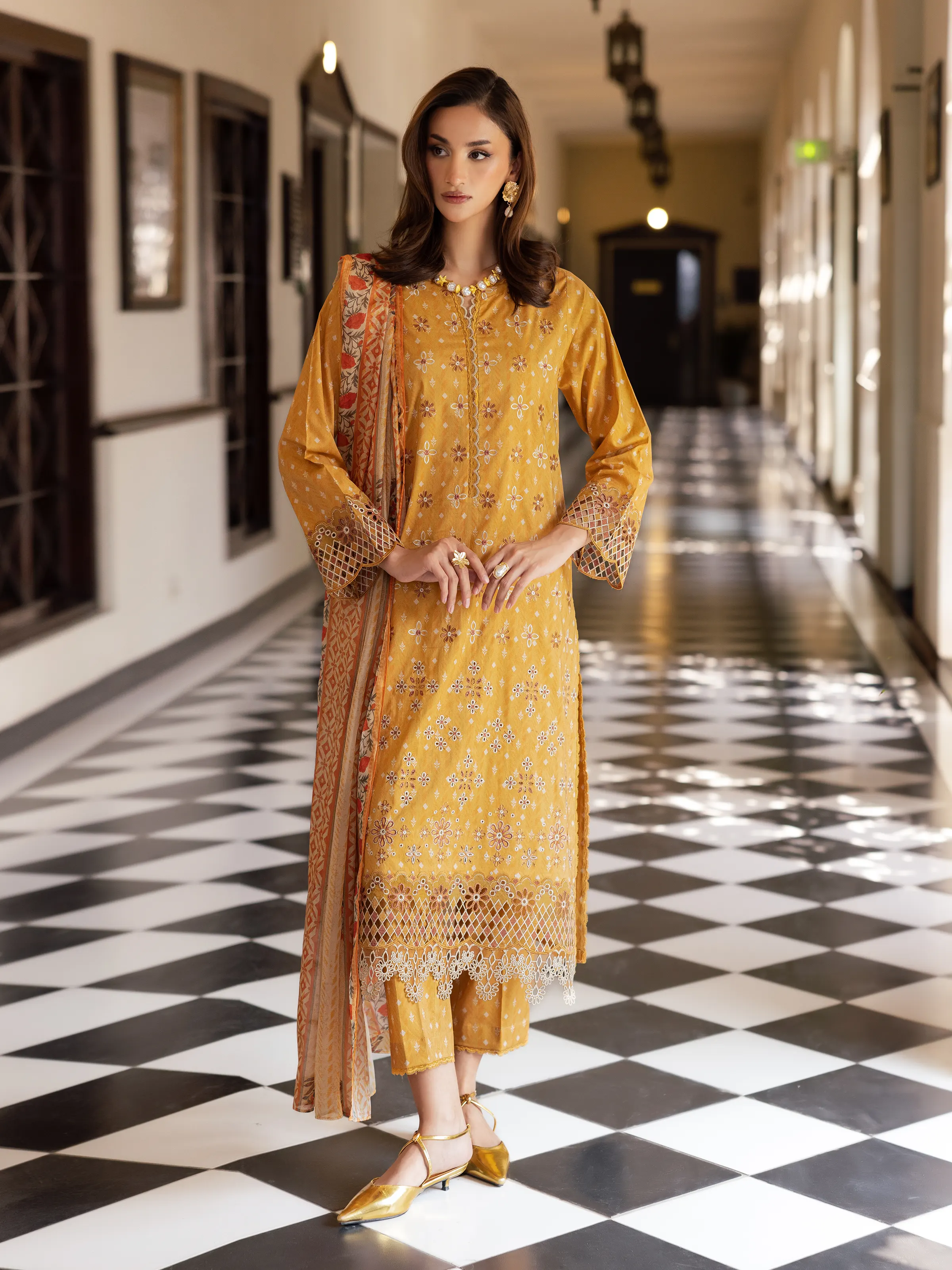 Pakistani Embroidered 3Pc Suit - Unstitched Mustard Embroidered Lawn 3 Piece | Latest Pakistani Punjabi Suit Salwar Kameez Designer Wear.