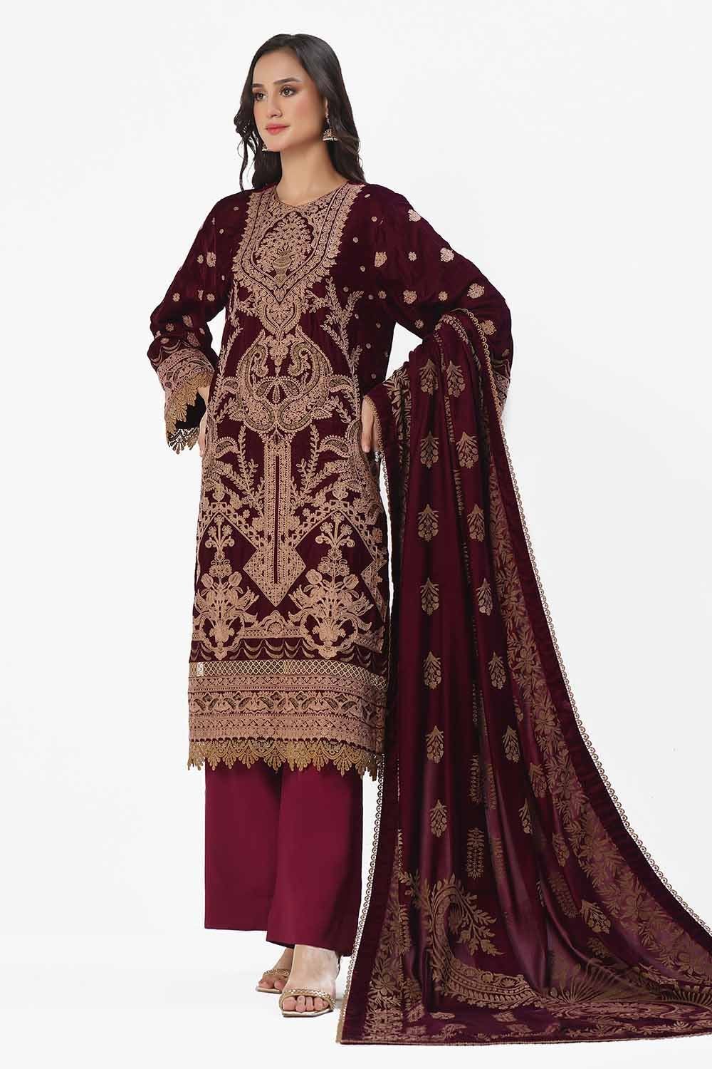 3 Piece Unstitched Embroidered Velvet Suit with Gold Printed Velvet Dupatta WV-42003 | Latest Pakistani Punjabi Suits Salwar Kameez Designer Wear