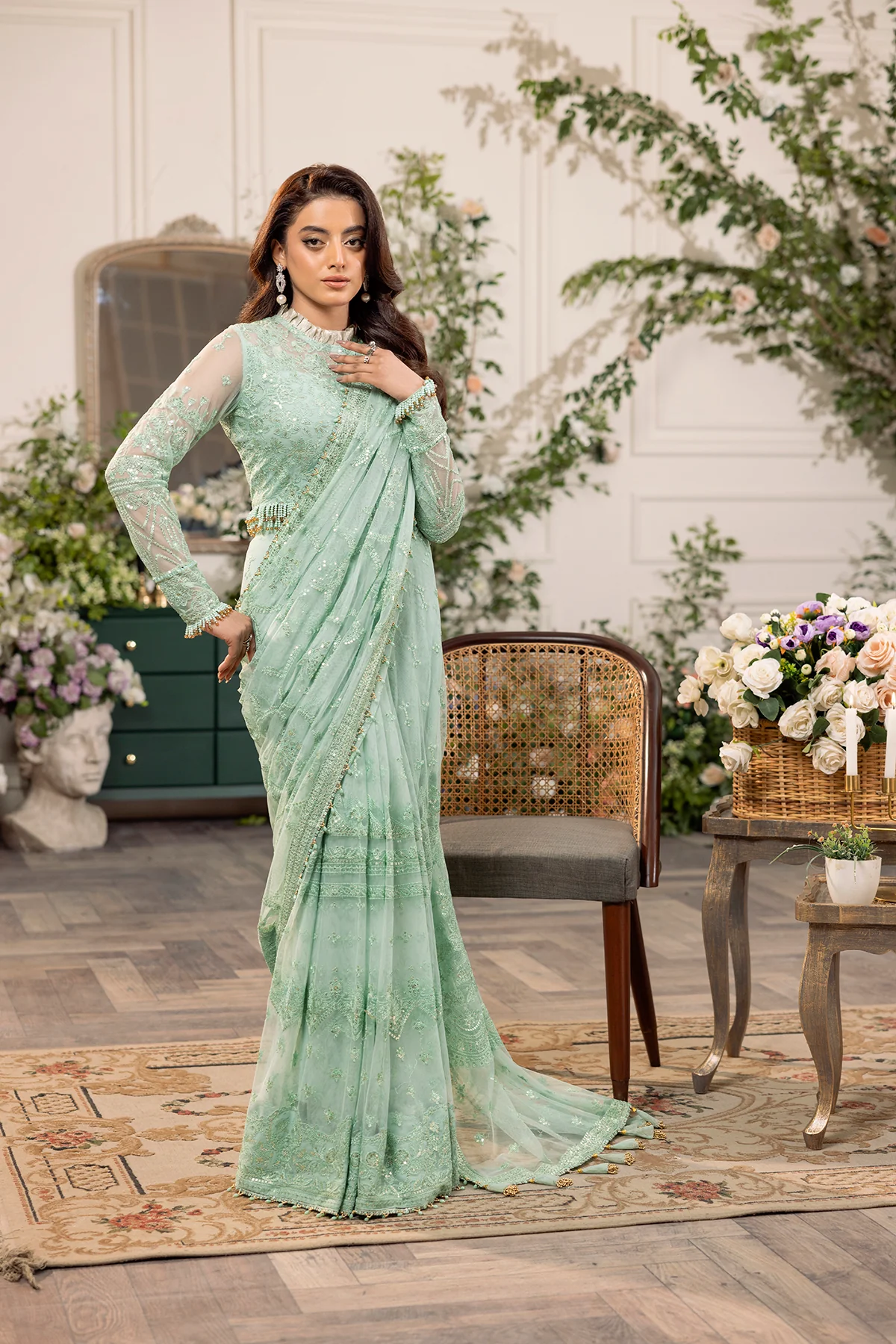 Pakistani Embroidered Net Suit Unstitched Saree HON24A D-02 Muheeb - Hou-30- Formal Collection I Latest Pakistani Salwar Kameez Punjabi Suits Designer Wear