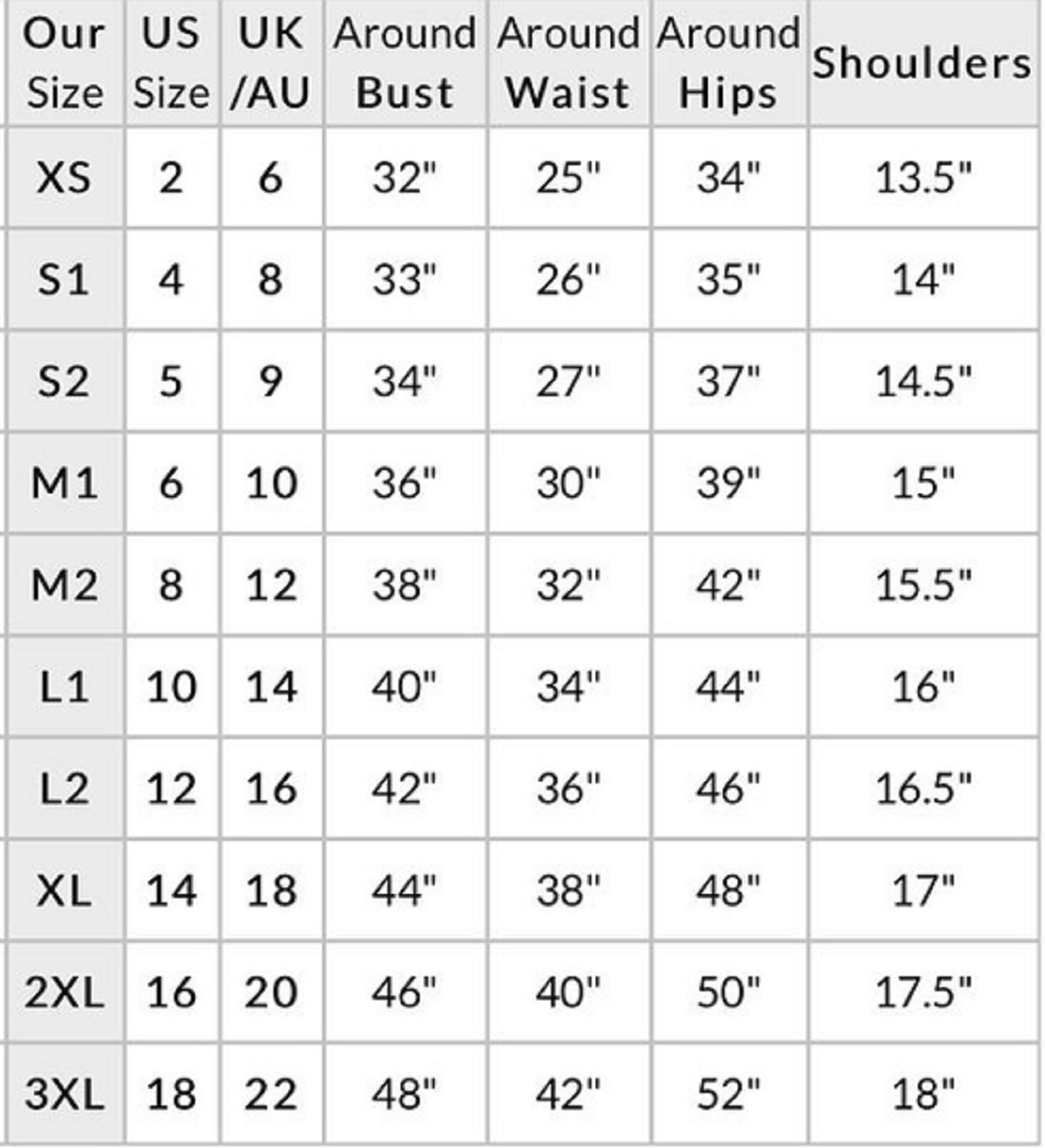 Sapphire Pakistan Size Chart