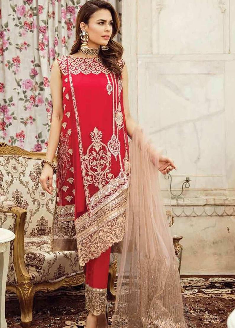 Serene Net Chiffon Suit Peach Embroidered Ready Made Pakistani Indian 2018 