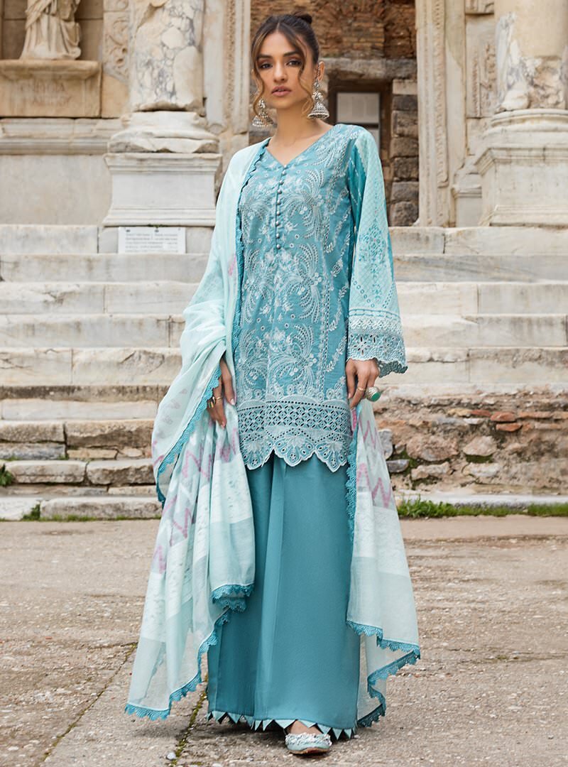 Indian Pakistani Blue Cotton Suit Dress Chikan Embroidered Salwar Kameez Shalwar 