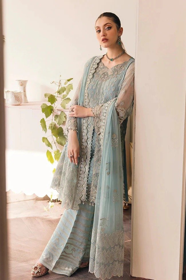 La Florencia By Flossie FE-503 SERENE CERULEAN Chiffon 3 Piece Embroidered Stitched Suits - Luxury Collection | Latest Pakistani Salwar Kameez Punjabi Suit Designer Wear
