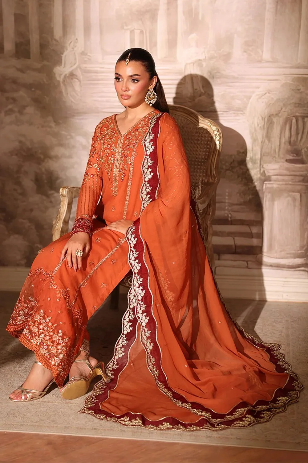 Pakistani Embroidered Chiffon Unstitched 3 Piece Suits - Amber Rust || Latest Pakistani Punjabi Suit Salwar Kameez Designer Wear.