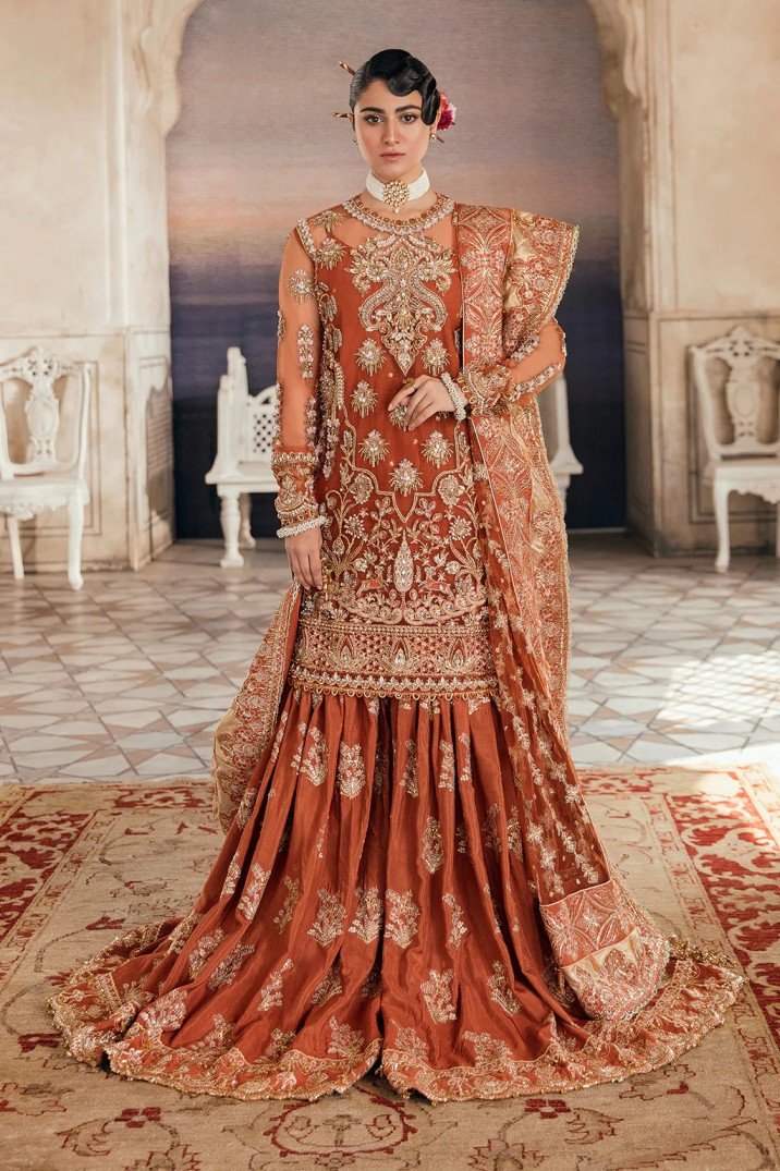 Pakistani  Orange Bridal Collection Net Gharara Replica- Pak-29 || Latest Pakistani Salwar Kameez & Punjabi Suit Designer Wear