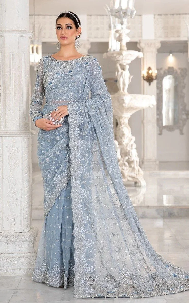 Pakistani Ice Blue Embroidered Net Bridal Dress – Designer Pakistani Salwar Kameez