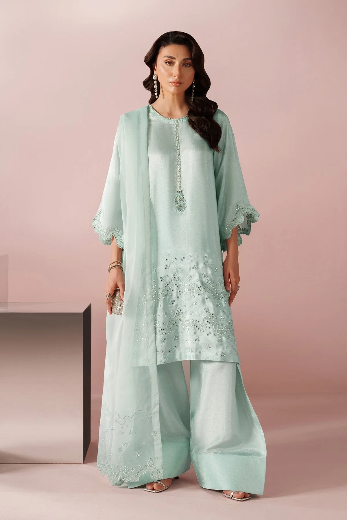 Pakistani Embroidered Tassel Silk Ice Blue Dress 3 piece - RTW1030- Ali-103 | Latest Pakistani Punjabi Suits Salwar Kameez Designer Wear