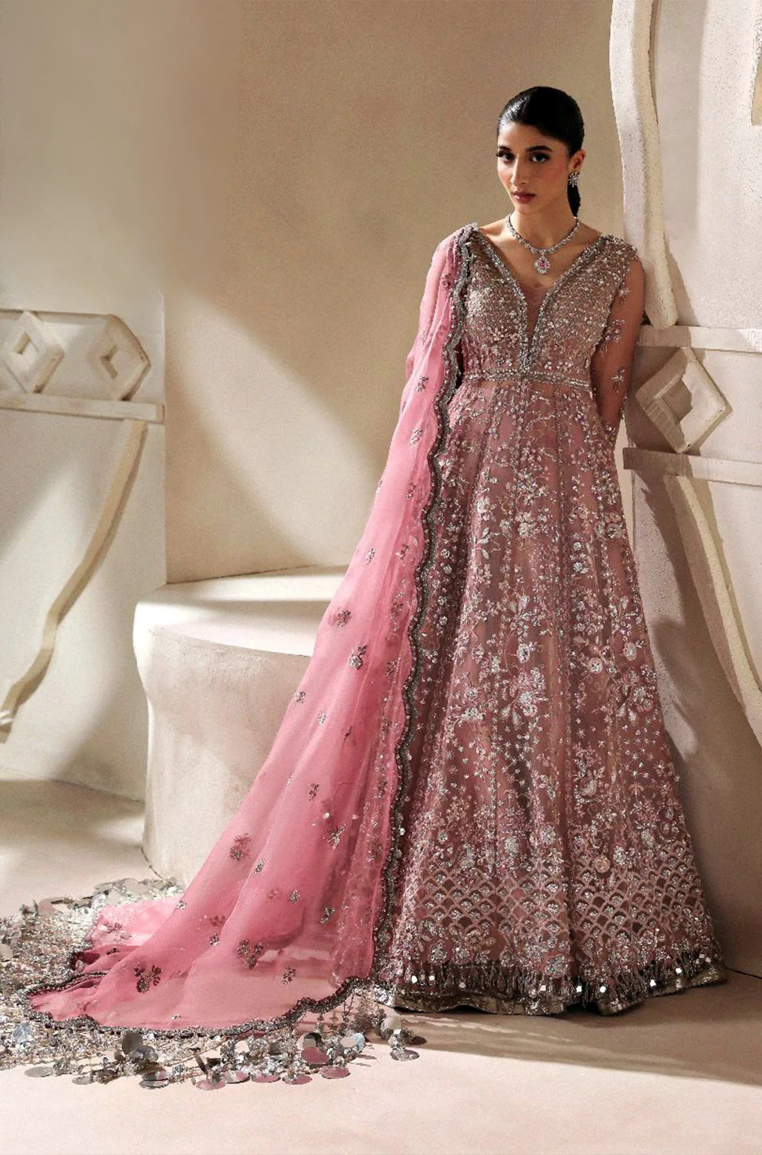 Pakistani Dusty Peach Organza Embroidered Lehenga- Pak-19