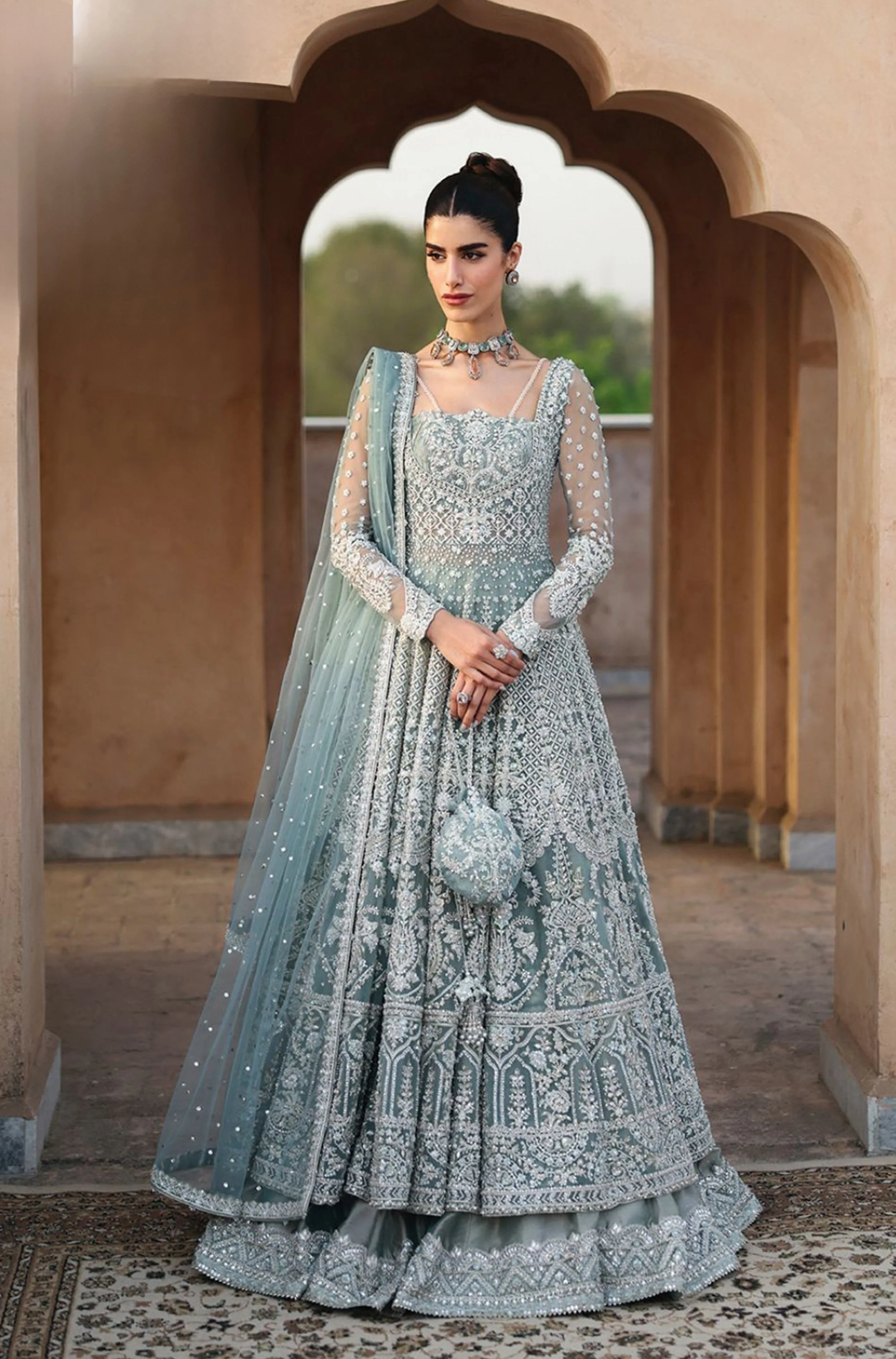 Pakistani Light Mint Chiffon Bridal Gown | New Wedding Edition 