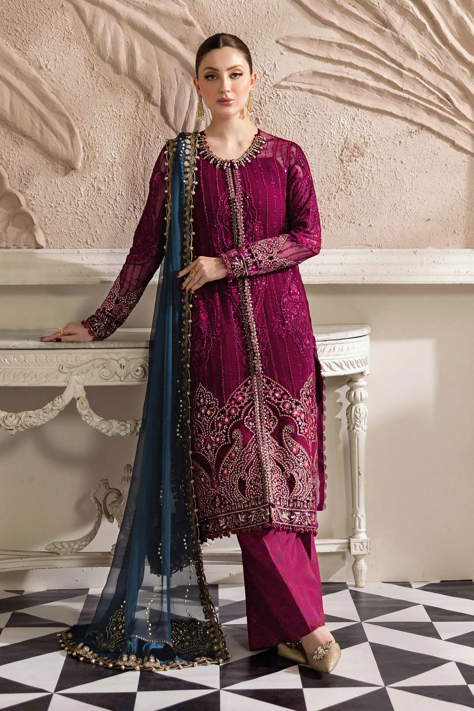 Pakistani 3 Piece Embroidered Luxury Chiffon Unstitched 3Pc Suit MPC-25-102_B-48 | Latest Pakistani Punjabi Suits Salwar Kameez Designer Wear.