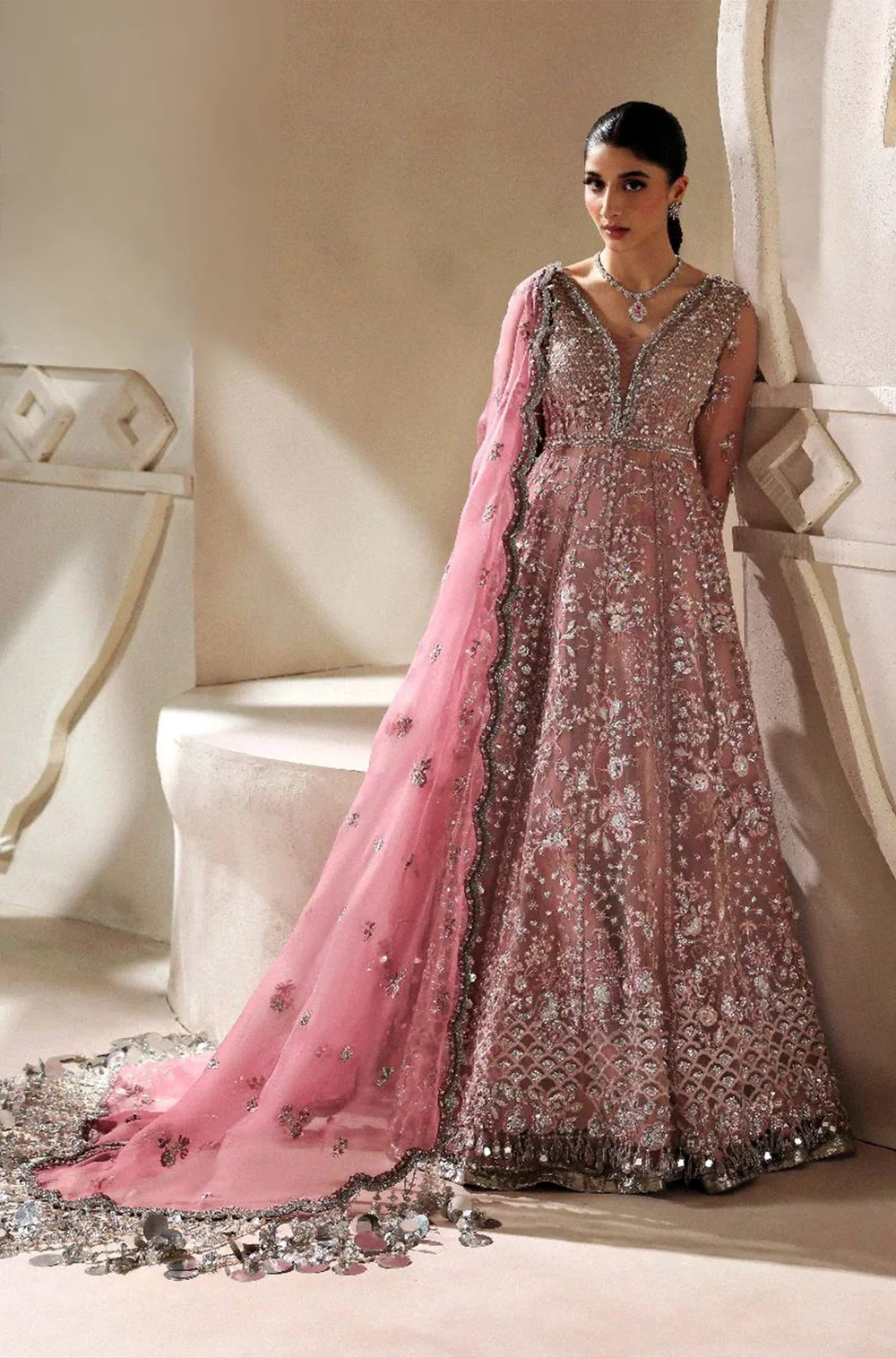 slim fit dress slacks Pakistani Bridal Rose Gold Lehenga Frock and Dupatta Dress Large main image 0