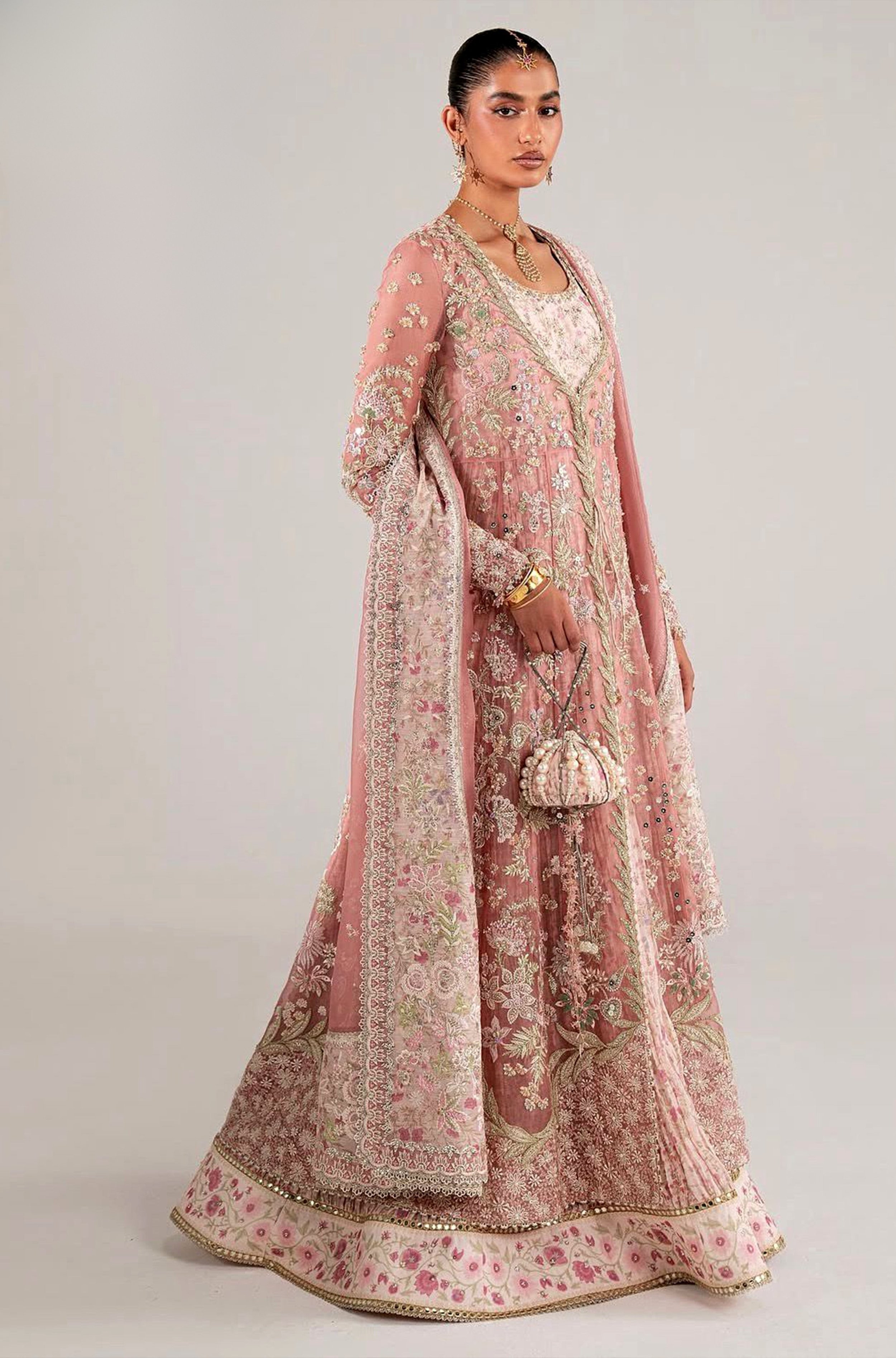 Pakistani Rose Coral Hand-Embroidered Pishwas Set- Pak-62 || Latest Pakistani Salwar Kameez & Punjabi Suit Designer Wear