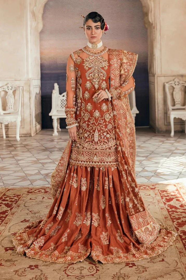 Pakistani Orange Bridal Collection Net Gharara Replica- Pak-29