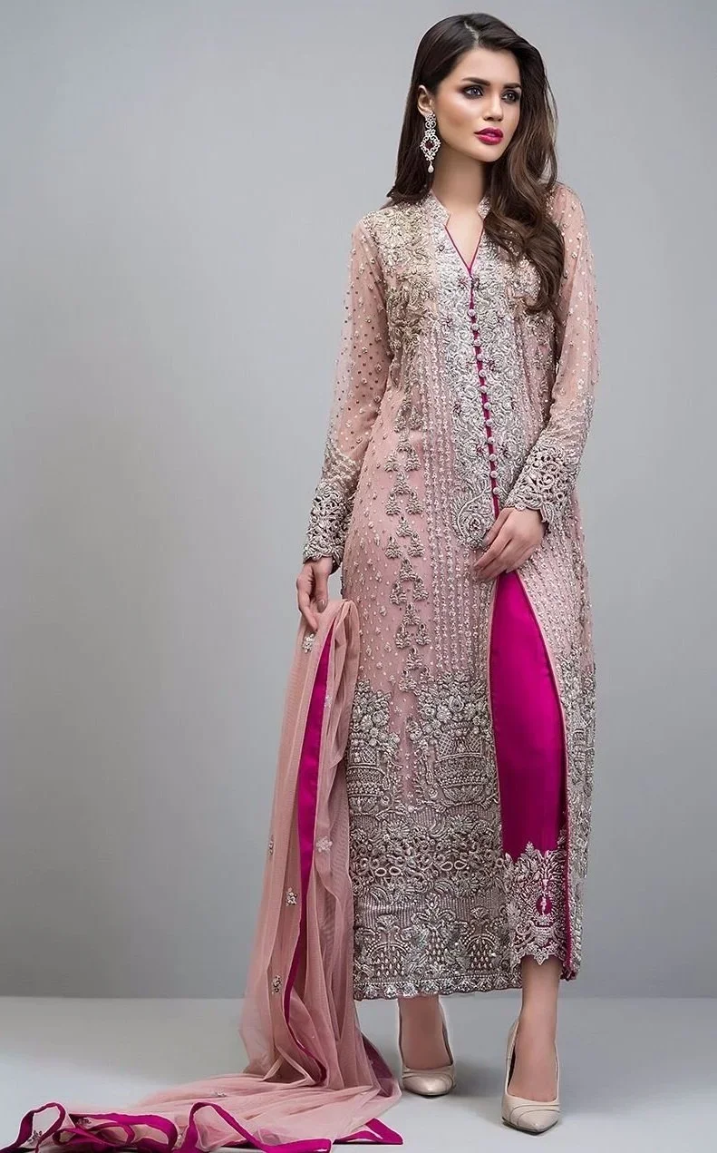 Rose Gold Jacket 3 Piece Chiffon Suit | Pakistani
