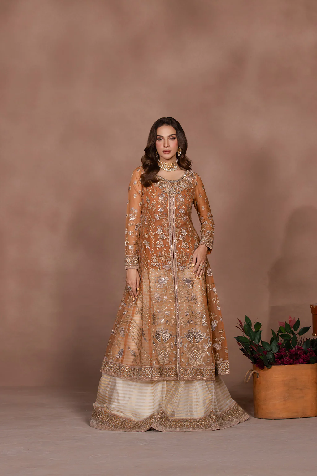 Pakistani Embroidered Suit Unstitched 3 Piece FAWN BROWN-Flo-01 - Formal Collection| Latest Pakistani Design Salwar Kameez Punjabi Suit Designer Wear.