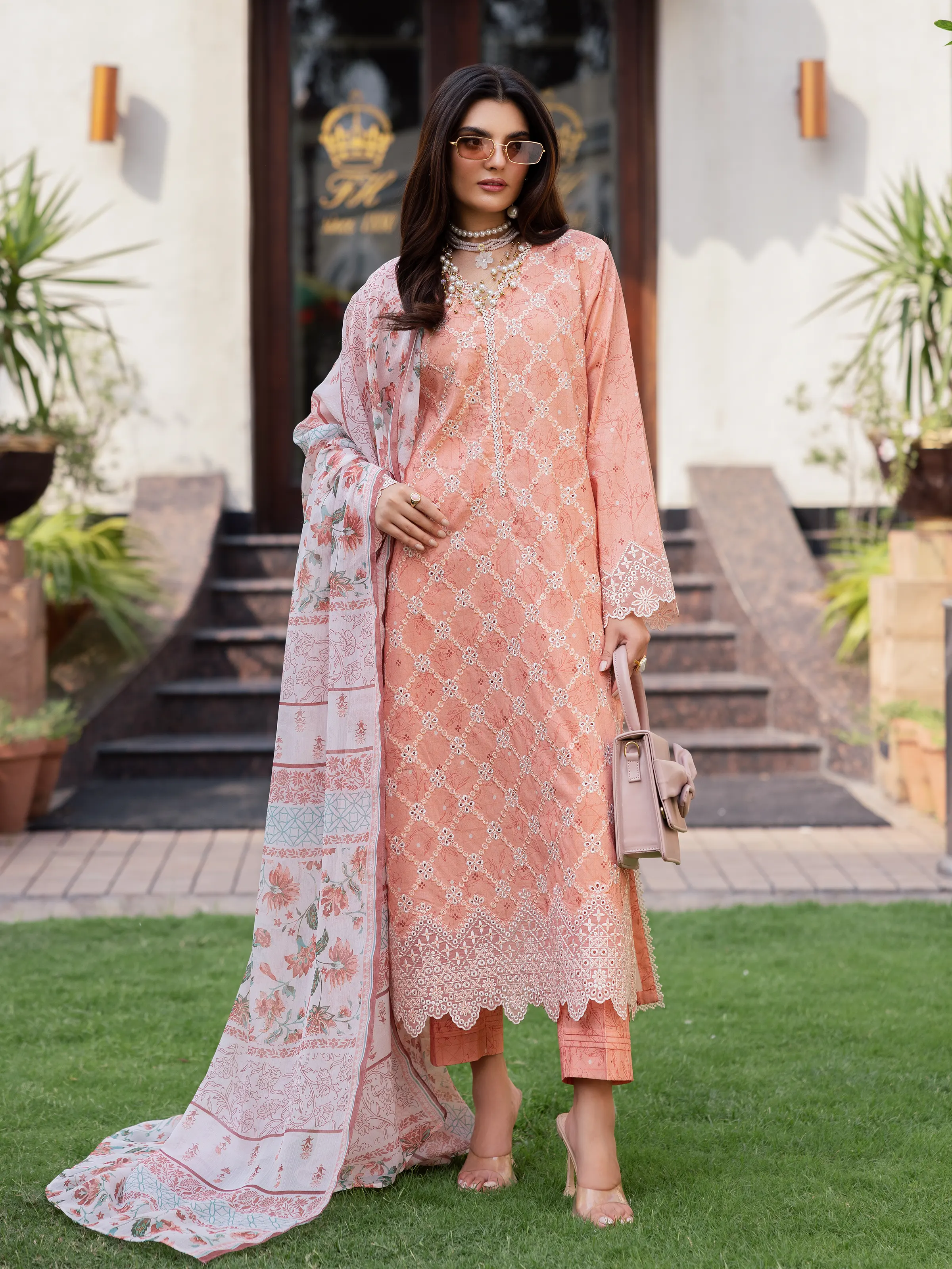 Pakistani Embroidered 3Pc Suit - Unstitched Light Peach Embroidered Lawn 3 Piece | Latest Pakistani Punjabi Suit Salwar Kameez Designer Wear.