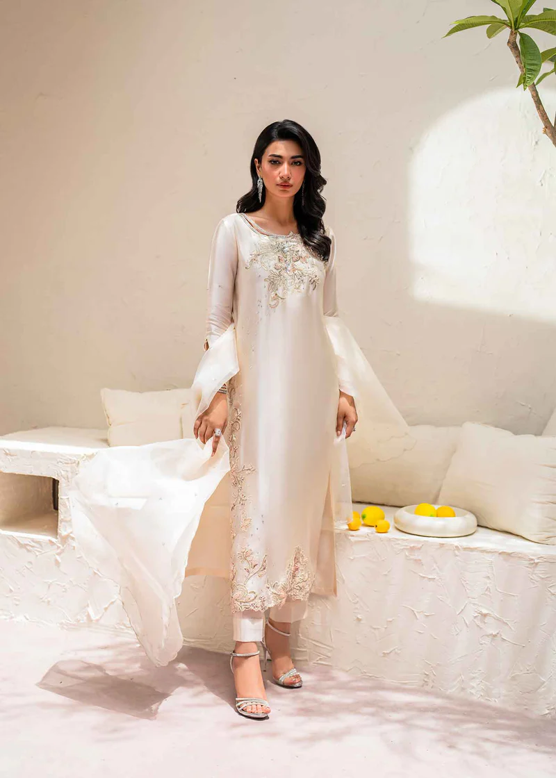 Exquisite EVELYN OFFWHITE Korean Raw Silk Ensemble with Cutwork & Sequins | Luxury Collection - Latest Pakistani Punjabi Suits Salwar Kameez Designer Wear.