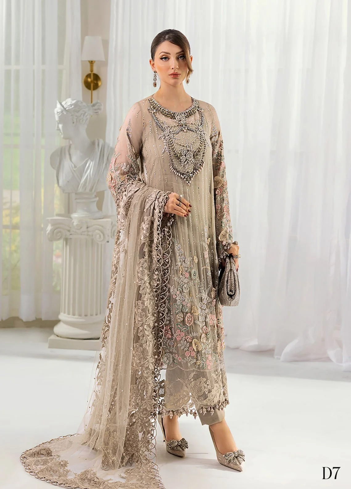 Pakistani B Embroidered Chiffon Suits Unstitched 3 Piece MB25CU D-07 - Formals Collection || Latest Pakistani Salwar Kameez.