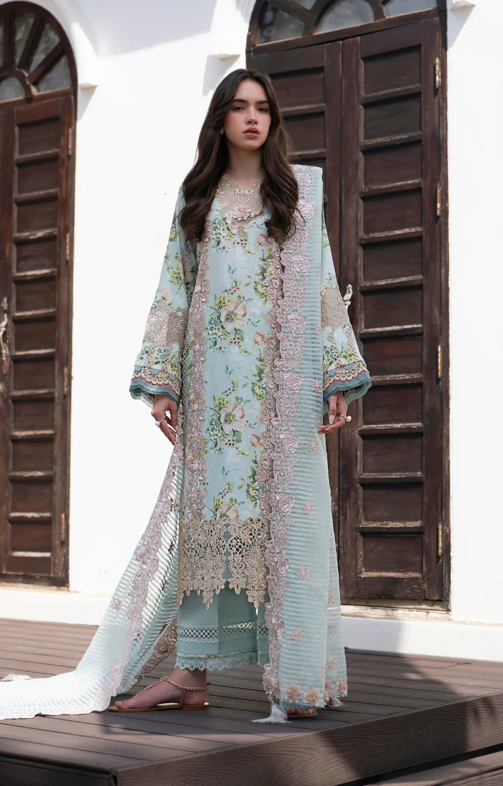 Pakistani Embroidered Unstitched 3-piece Suit Myrtle | Latest Pakistani Punjabi Suits Salwar Kameez Designer Wear.