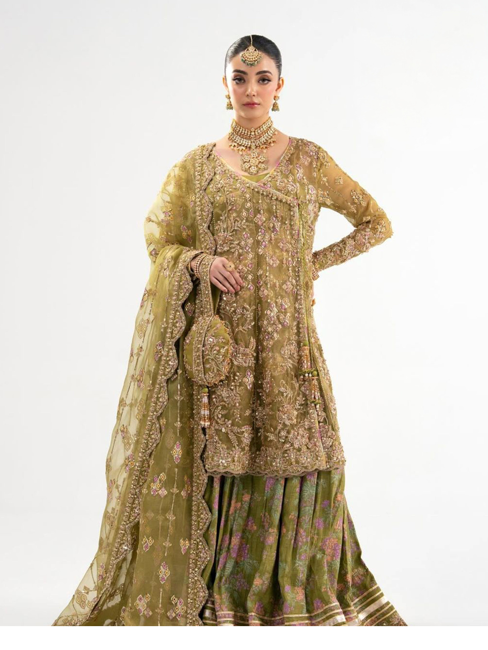 Pakistani Olive Green Angrakha Ensemble | Wedding Wear Pak-64 || Latest Pakistani Salwar Kameez & Punjabi Suit Designer Wear