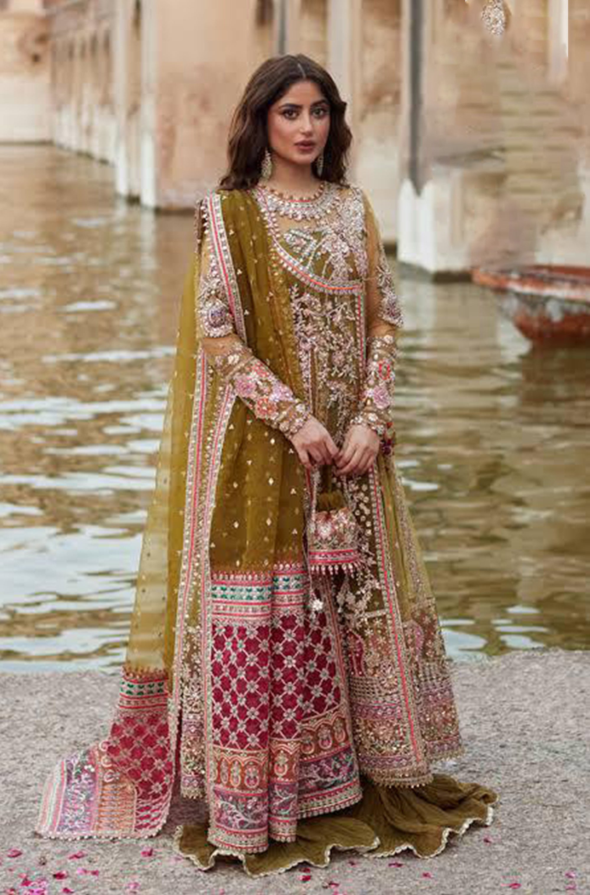 Pakistani Luxe Festive Ensemble – Chiffon Elegance with 5-Yard Sharara-Qal-305 || Latest Pakistani Salwar Kameez.