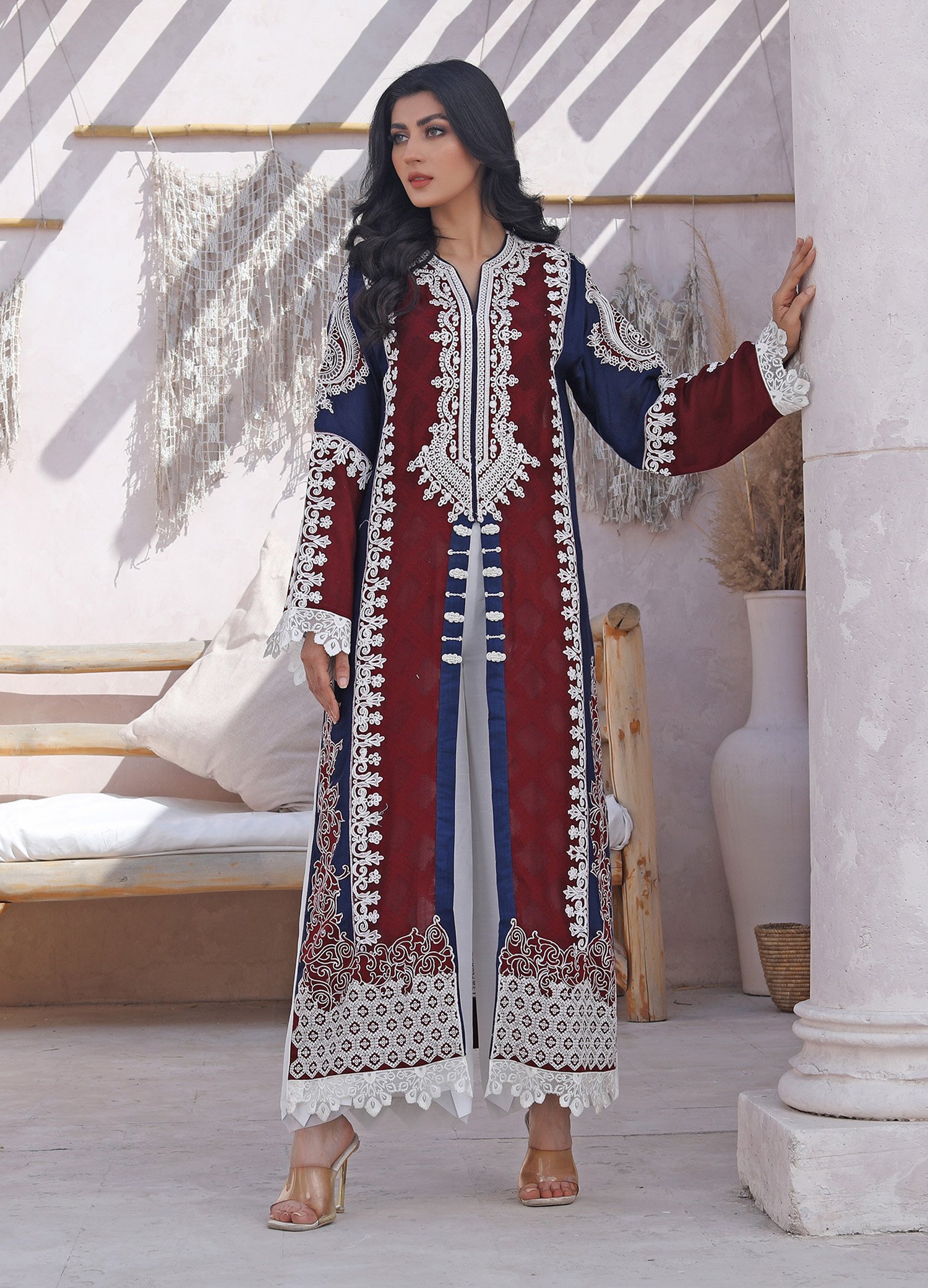 Pakistani Embroidered Unstitched 3 Piece Suit - Garnet - Festive Collection | Latest Pakistani Designs Salwar Kameez/Punjabi Suit Designers Wear.
