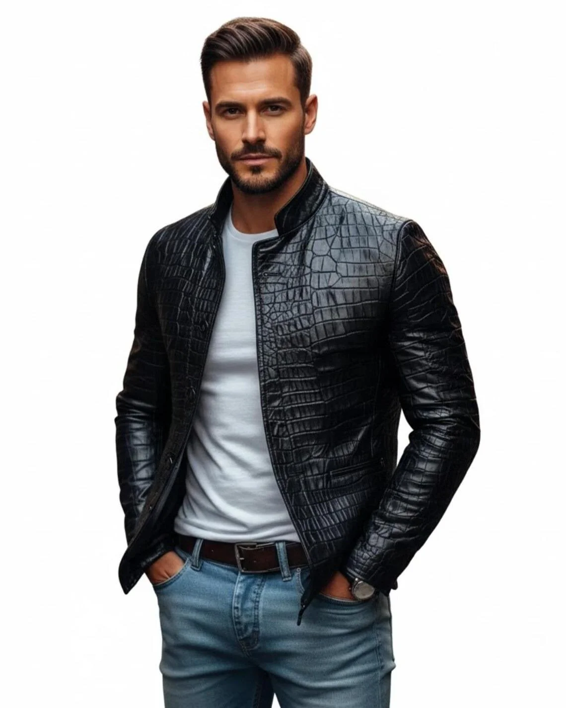 Men’s Crocodile Pattern Leather Jacket – Luxury Textured Outerwear with Modern Slim Fit