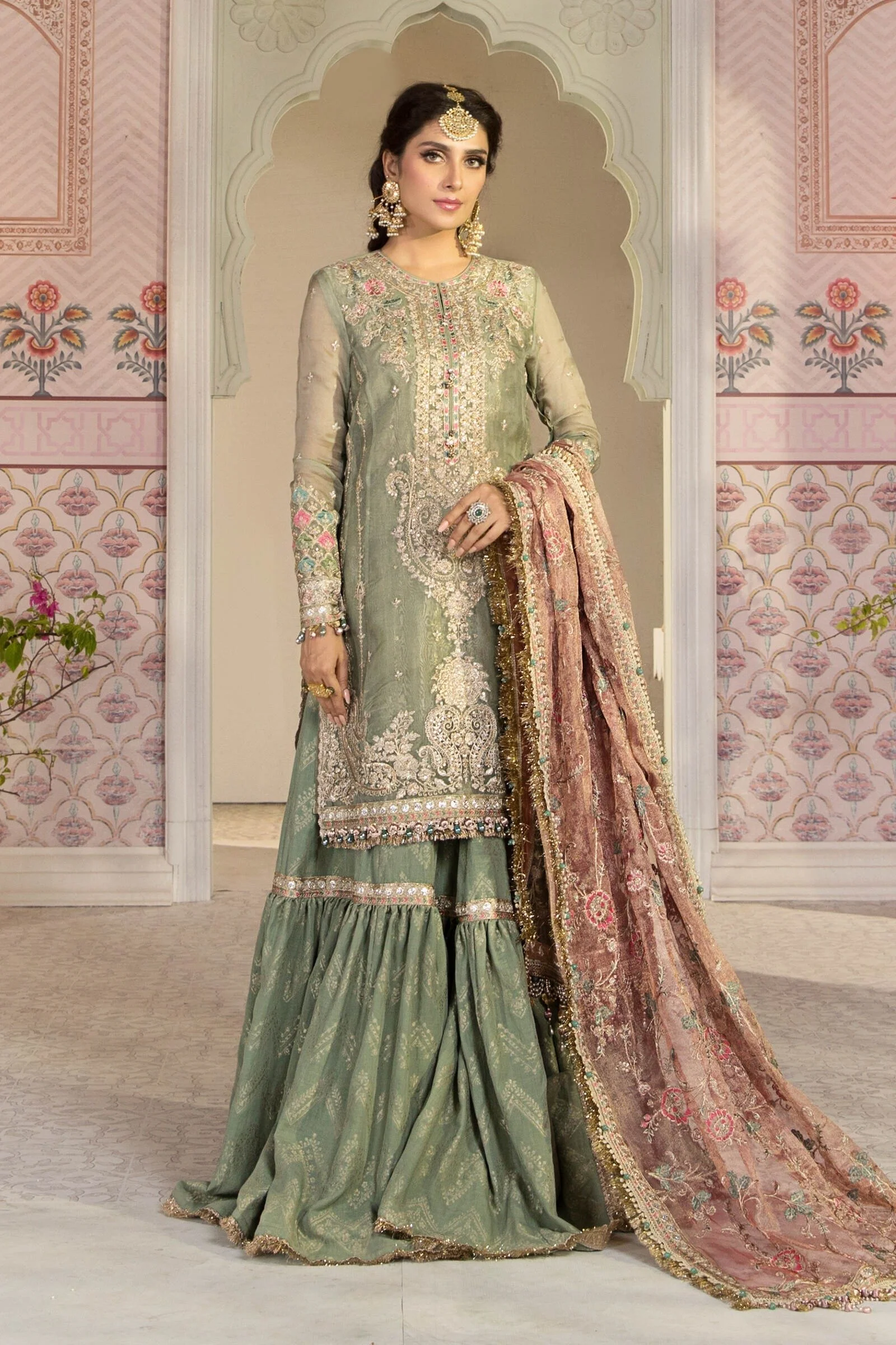 Pakistani Embroidered Organza Gharara Suit with Zari Net Dupatta