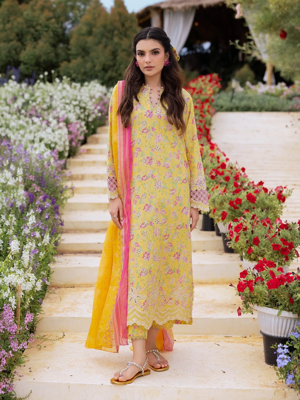 Pakistani Unstitched Yellow Embroidered Lawn 3 Piece - EWU5V1-31441-3P | Latest Pakistani Punjabi Suit Salwar Kameez Designer Wear
