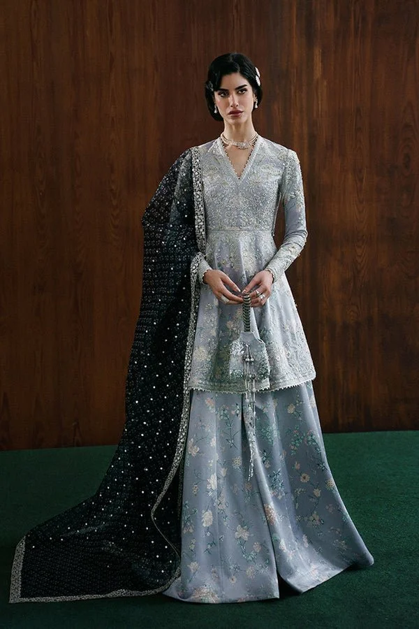 Pakistani Embroidered 3-Piece EVIA-Suf-74 | Mercury Grey Velvet & Organza | Latest Pakistani Salwar Kameez Designer Wear