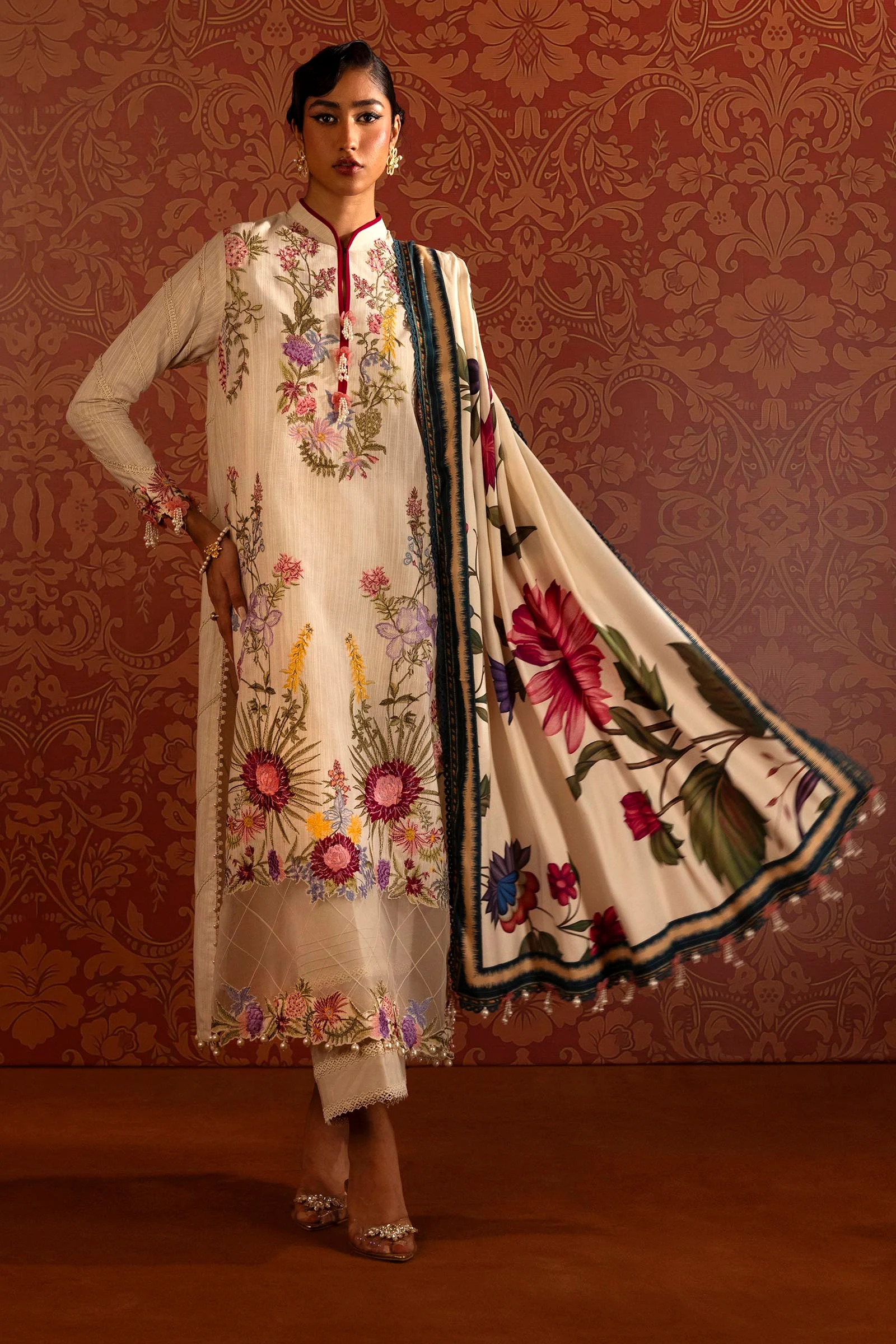 SAN 08 Embroidered Slub Suits Unstitched 3 Piece M243-002A-3CP - Luxury Collection | Latest Pakistani Design Salwar Kameez Punjabi Suits Designers Wear.