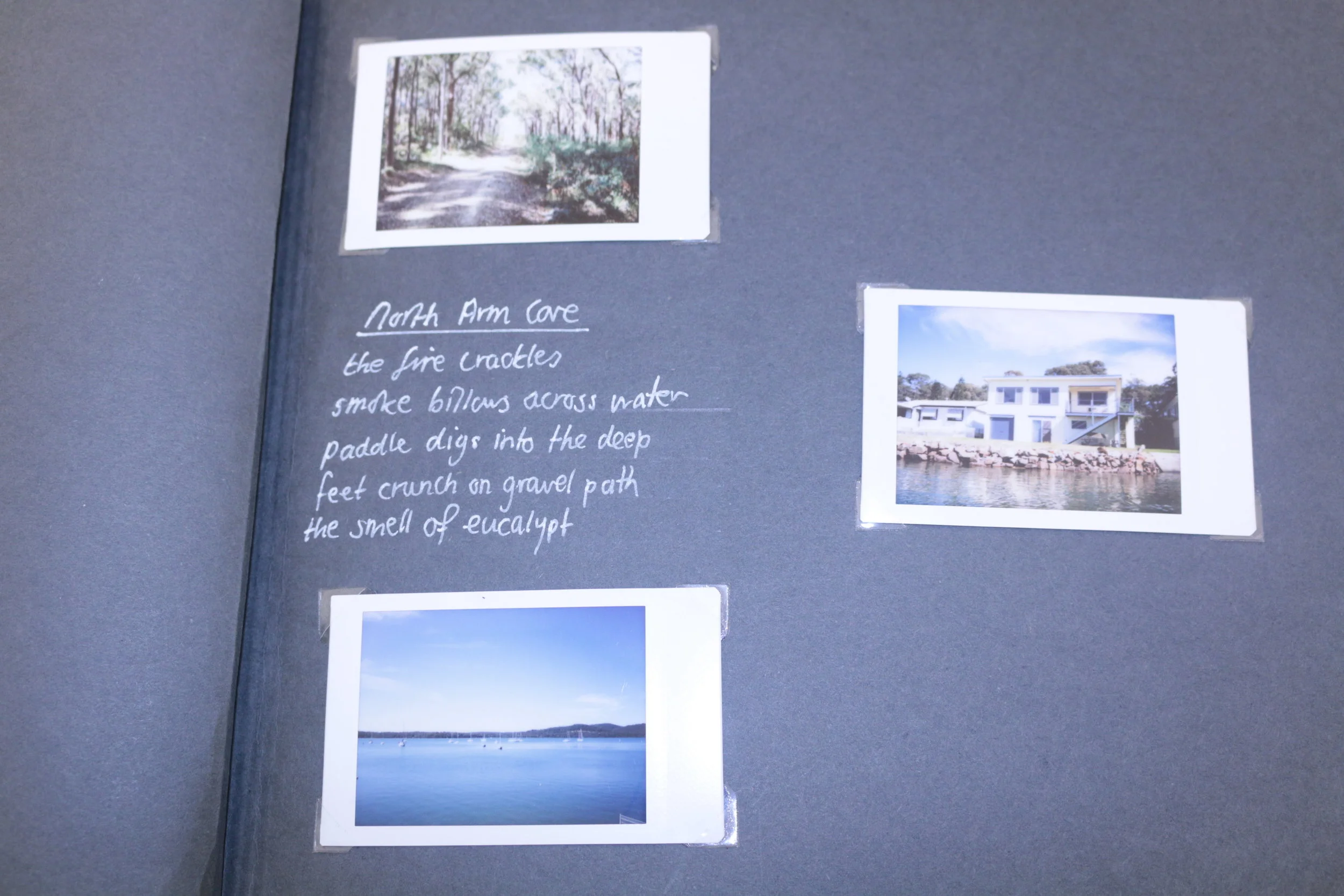  Sophie Cox, detail of  In memories light,  2017, album, photographs, wooden shelf, table, image by Sophie Cox  