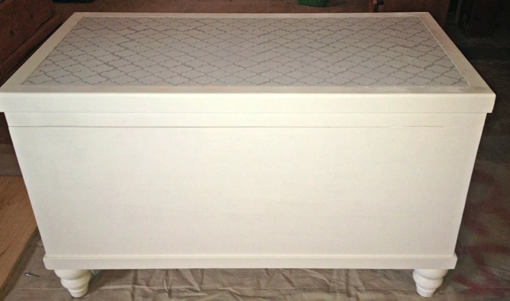 I found that the Annie Sloan Pure White chalk paint didn’t cover as well as any of the darker colours and it took quite a few coats (I was also using a roller). But it did cover eventually and I did a coat of Annie Sloan Paris Gray on the top part and stenciled over with the white using a Martha Stewart stencil which I purchased at Michaels. It was my first time working with a patterned stencil so I wasn’t sure what to expect. It had a few spots that were not perfect and I could live with that but overall I didn’t like the white.