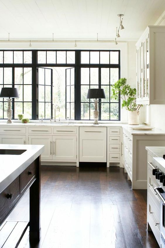 Love! Love! Love!!! this beautiful kitchen with the black windows and accents. Wow! {hgtv}