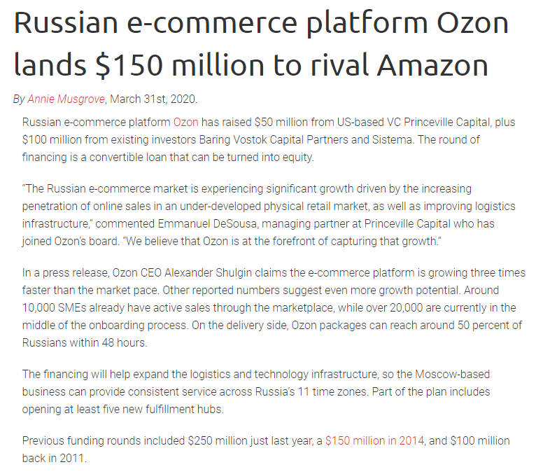 Russian E Commerce Platform Ozon Lands 150 Million To Rival Amazon Princeville Capital
