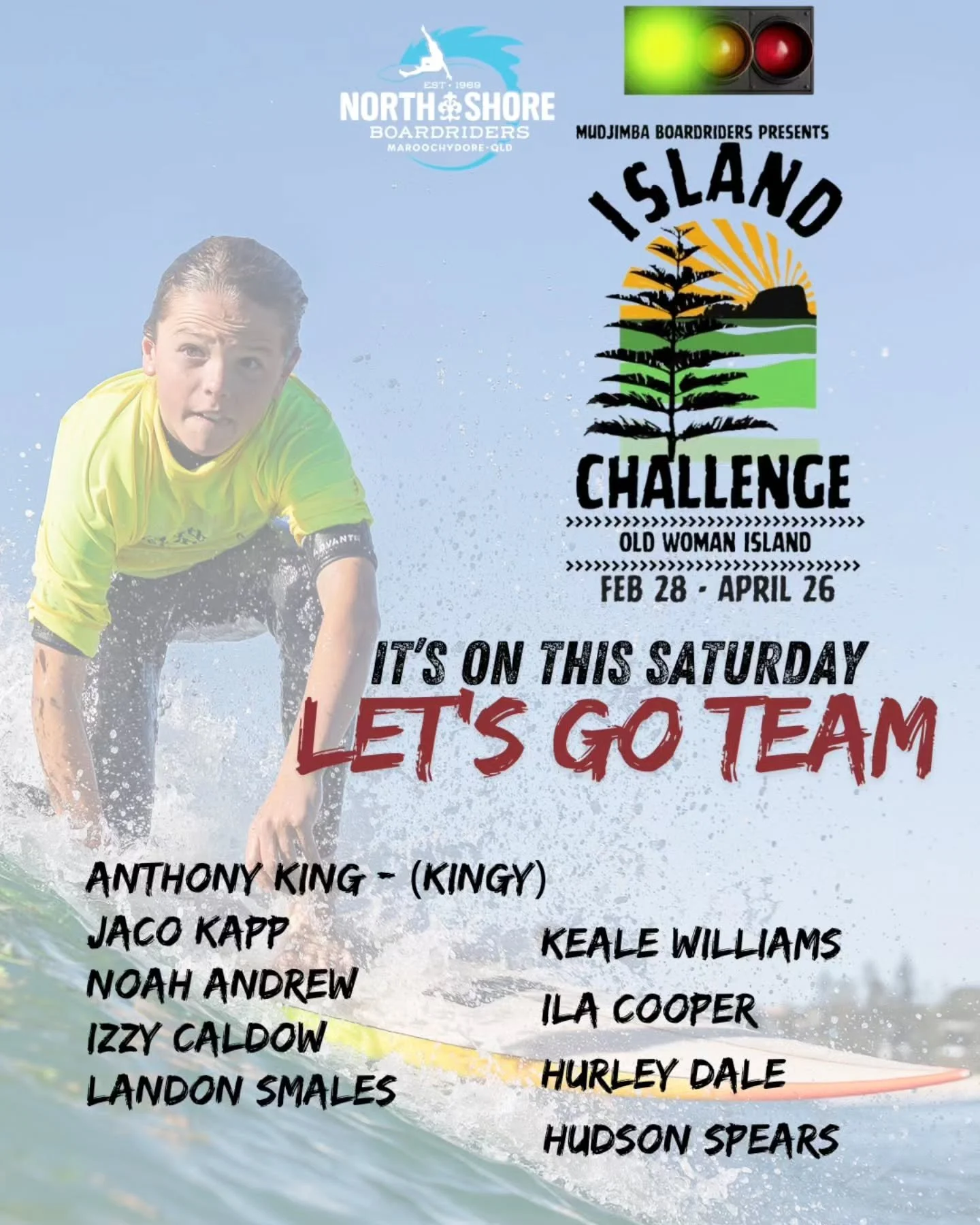 Its on this Saturday.... the @mudjimbaboardriders Island Challenge check out @live_heats for updates and a live stream. 

Lets go team, fire up... 🔥 

@ajkingi 
@jacokapp 
@noah_andrew_ 
@izzie_caldow 
@landosmales 
@kealewilliams_ 
@ilarose2020 
Hu