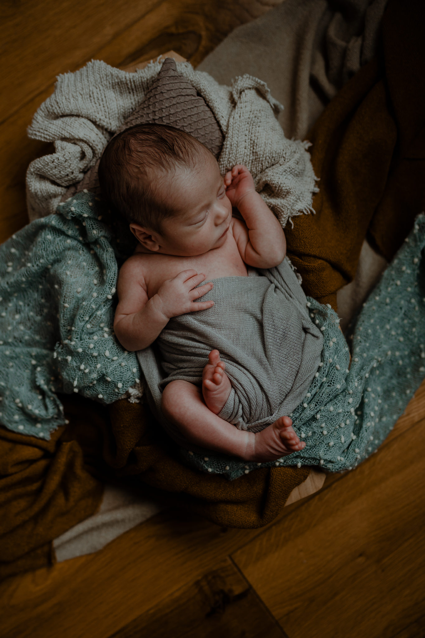 cream and blue styled baby boy creative newborn photographer Belfast