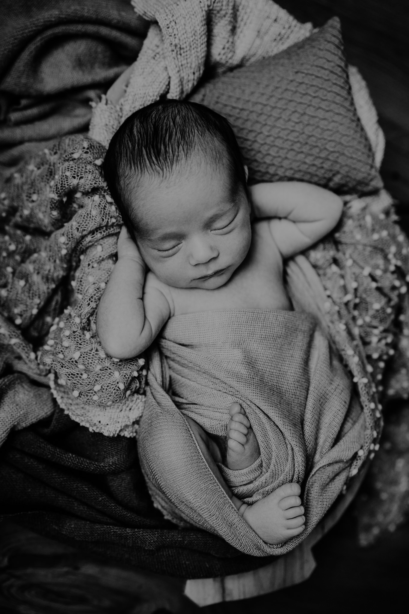 creative newborn photographer Belfast black and white sleeping baby boy
