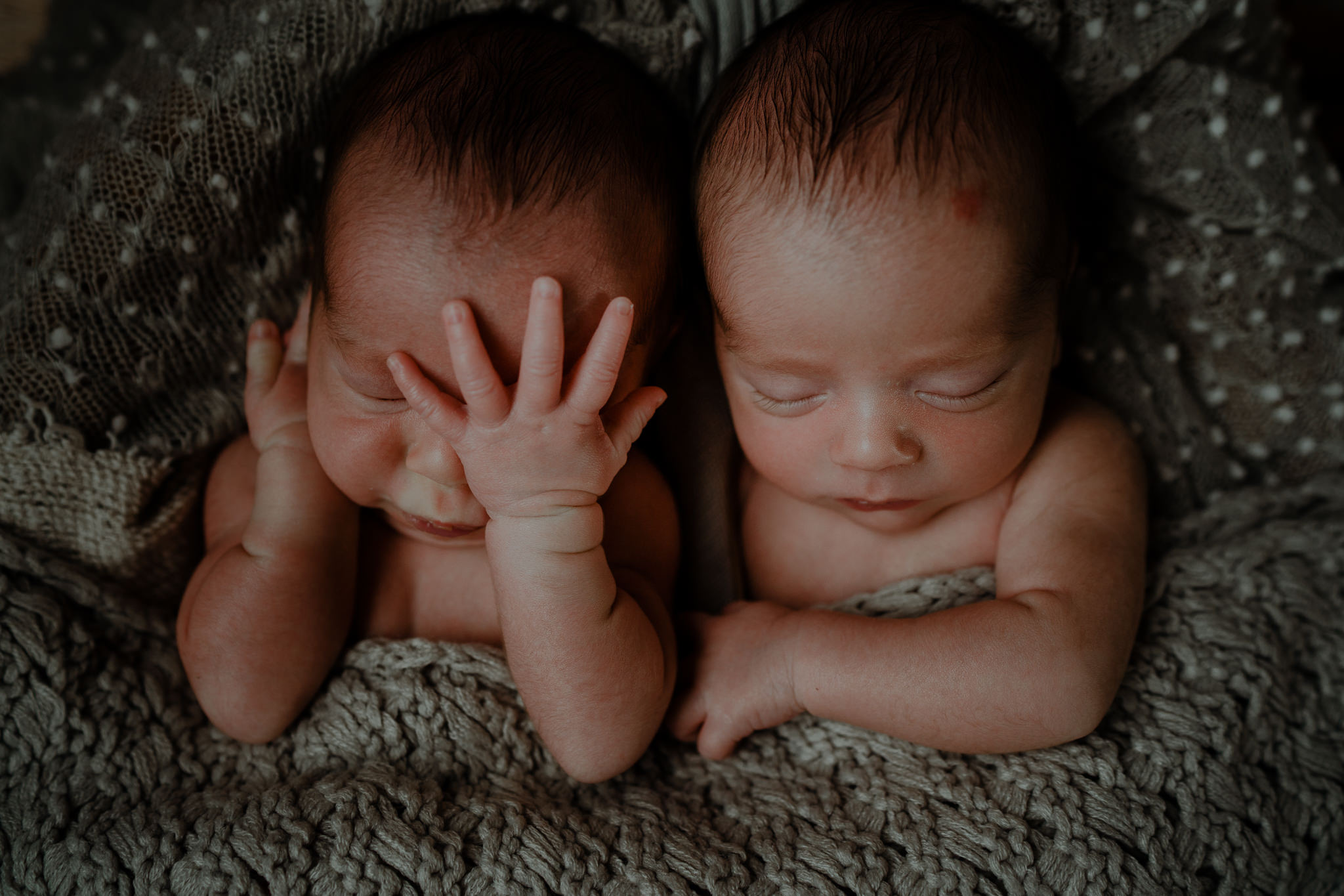 cute moment facepalm newborn twins baby boy creative newborn photographer Belfast