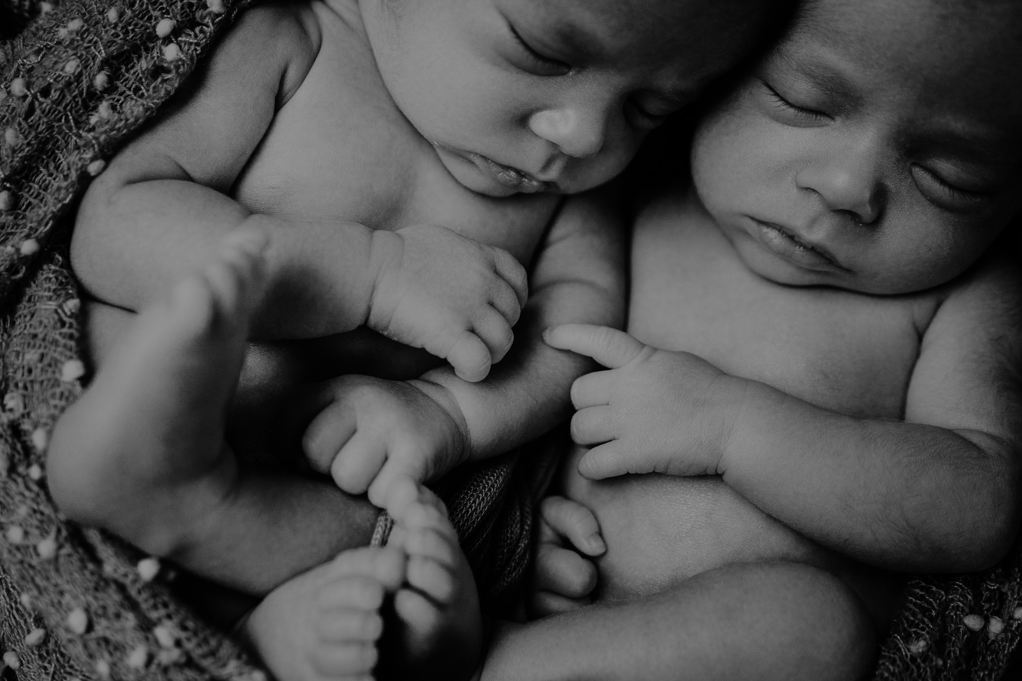 black and white sweet moment newborn baby boys touch hands creative newborn photographer Belfast