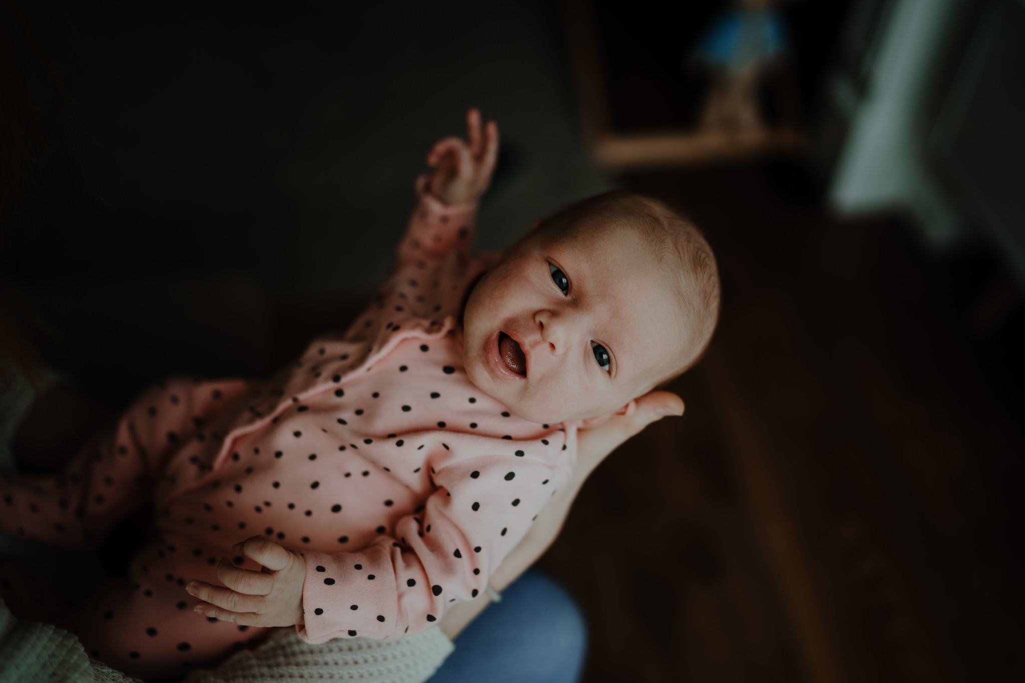 wide awake newborn baby girl in home lifestyle session newborn photographer belfast