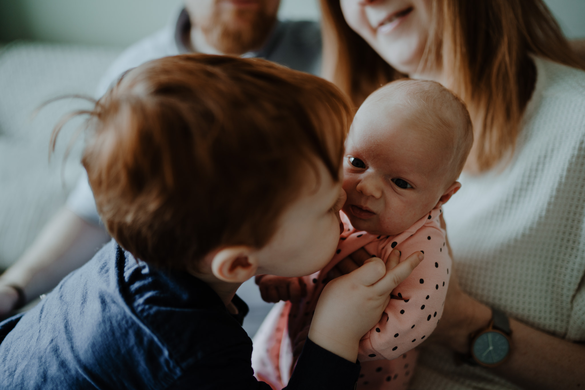 family photographer belfast big brother kisses newborn sister in home candid session