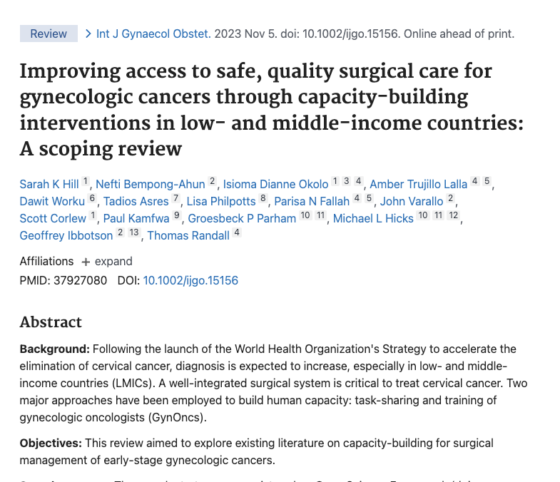 Improving access to safe, quality surgical care for gynecologic cancers through capacity-building interventions in low- and middle-income countries: A scoping review