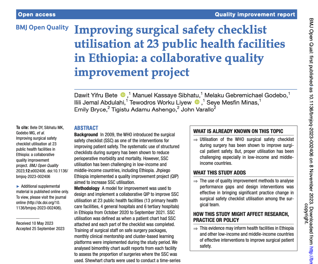 Improving surgical safety checklist utilisation at 23 public health facilities in Ethiopia: a collaborative quality improvement project